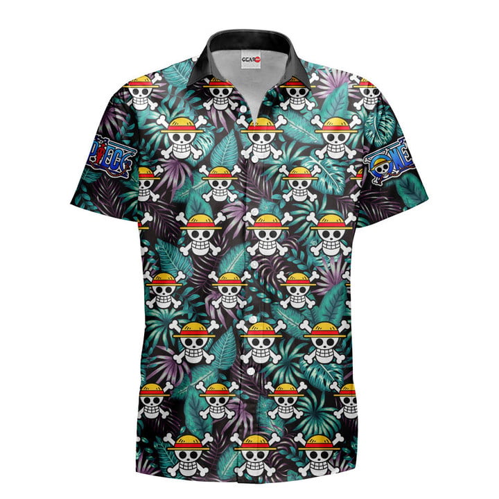 One Piece Hawaiian T-shirts – Monkey D Luffy Symbol Floral Hawaiian Shirt IP0717